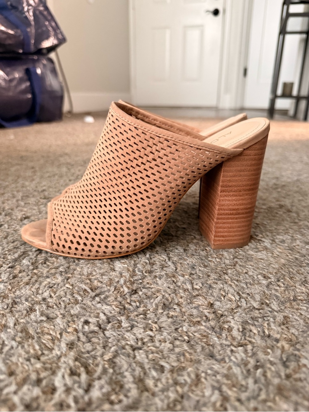Aldo Perforated Open-Toe Block Heel Mule in Tan